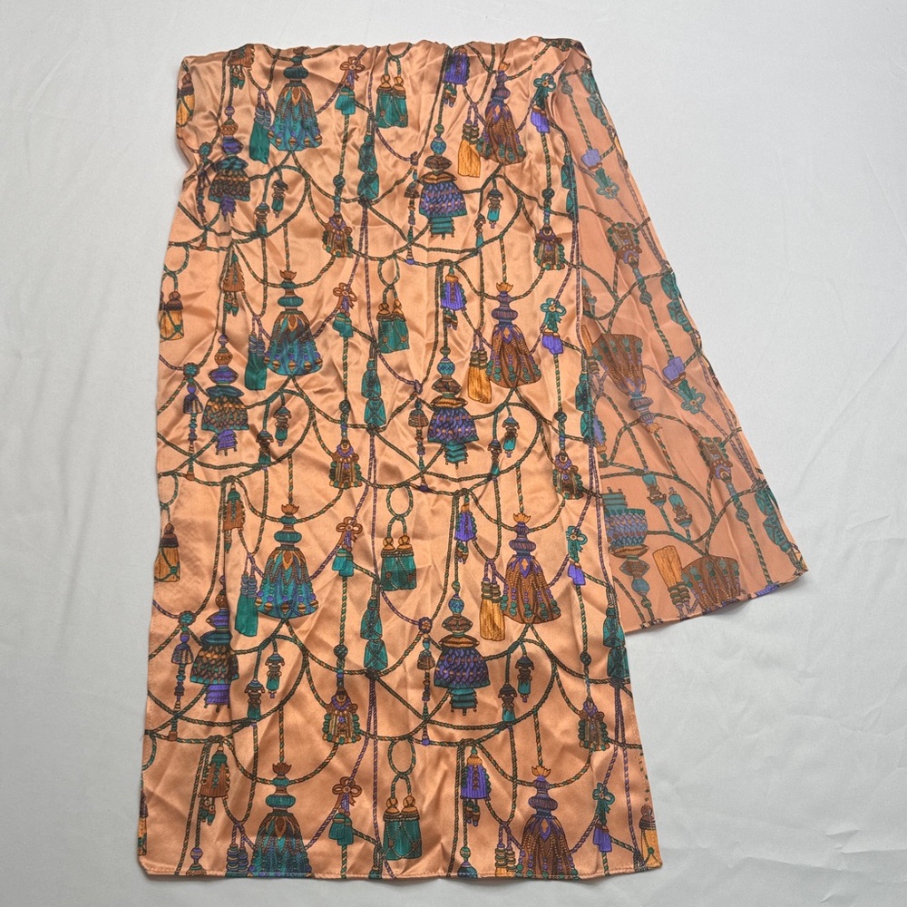 St. John Peach Scarf with Teal and Purple Tassel Motif 100% silk 47” 14” vintage